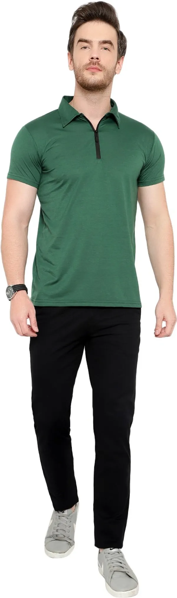 Dark_Green_Cotton_Solid_Polo_Neck_Regukar_Fit_T-Shirt_for_men
