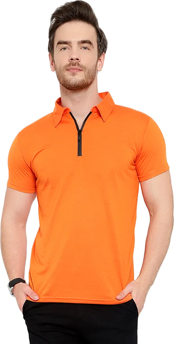 Orange_Cotton_Solid_Polo_Neck__Regukar_Fit_T-Shirt_For_Men