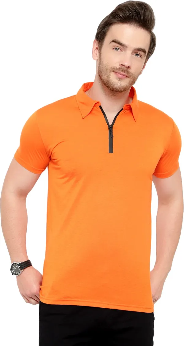 Orange_Cotton_Solid_Polo_Neck__Regukar_Fit_T-Shirt_For_Men