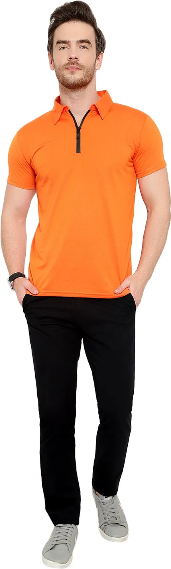 Orange_Cotton_Solid_Polo_Neck__Regukar_Fit_T-Shirt_For_Men