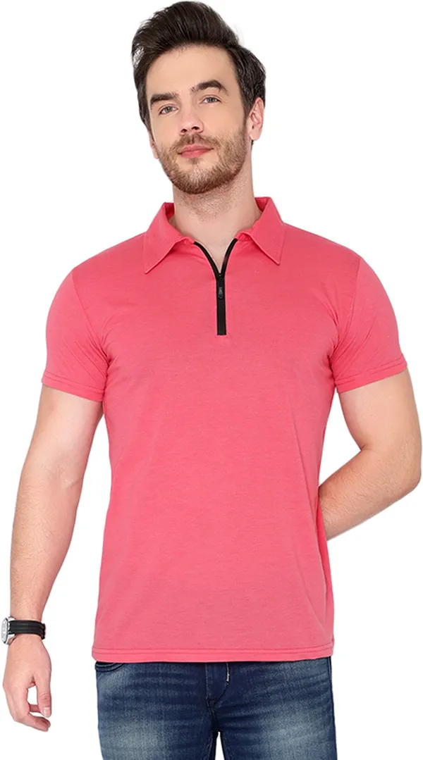 Pink_Cotton_Solid_Polo_Neck_Regukar_Fit_T-Shirt_For_Men