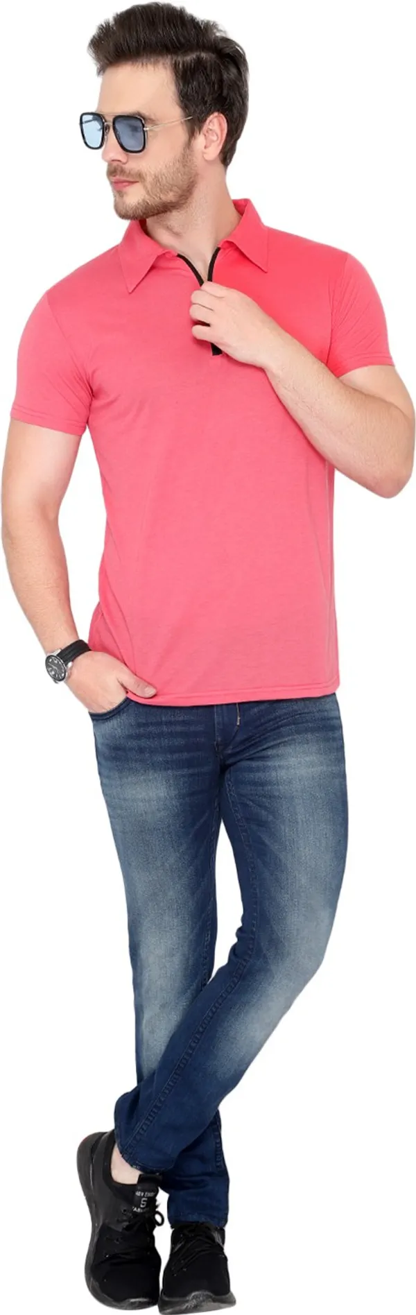 Pink_Cotton_Solid_Polo_Neck_Regukar_Fit_T-Shirt_For_Men