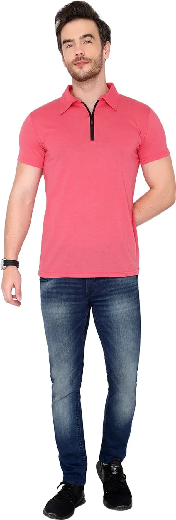 Pink_Cotton_Solid_Polo_Neck_Regukar_Fit_T-Shirt_For_Men