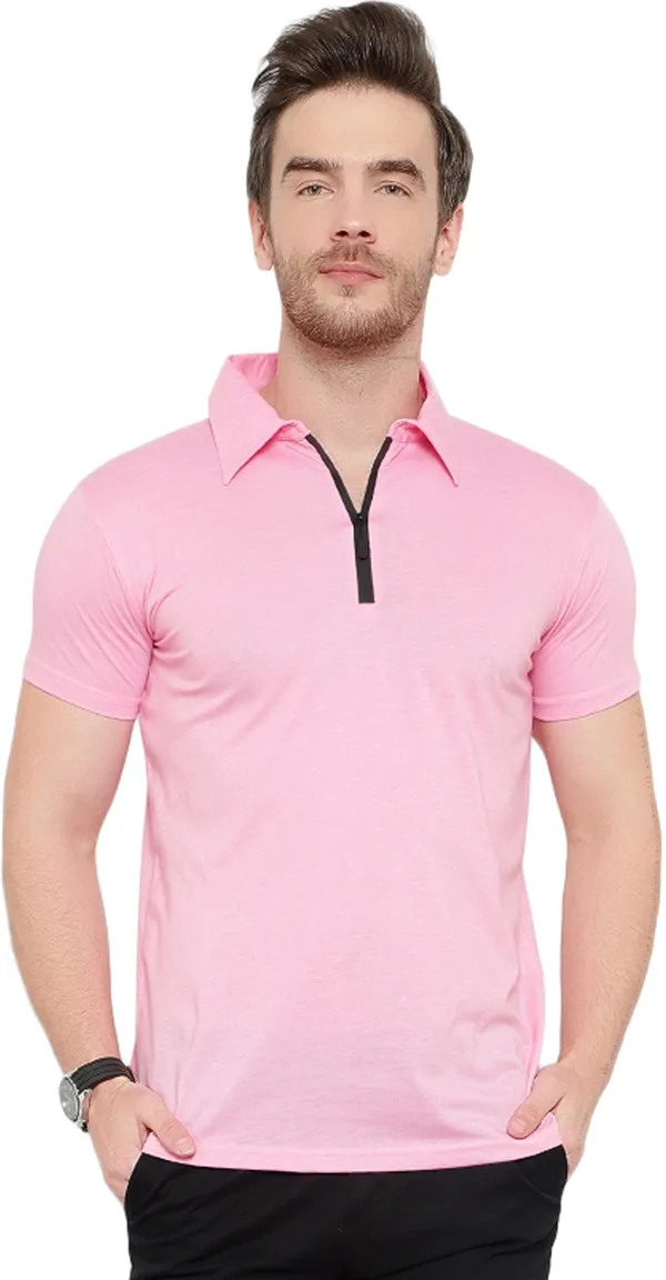 Pink_Cotton_Solid_Polo_Neck_Regukar_Fit_T-Shirt_For_Men