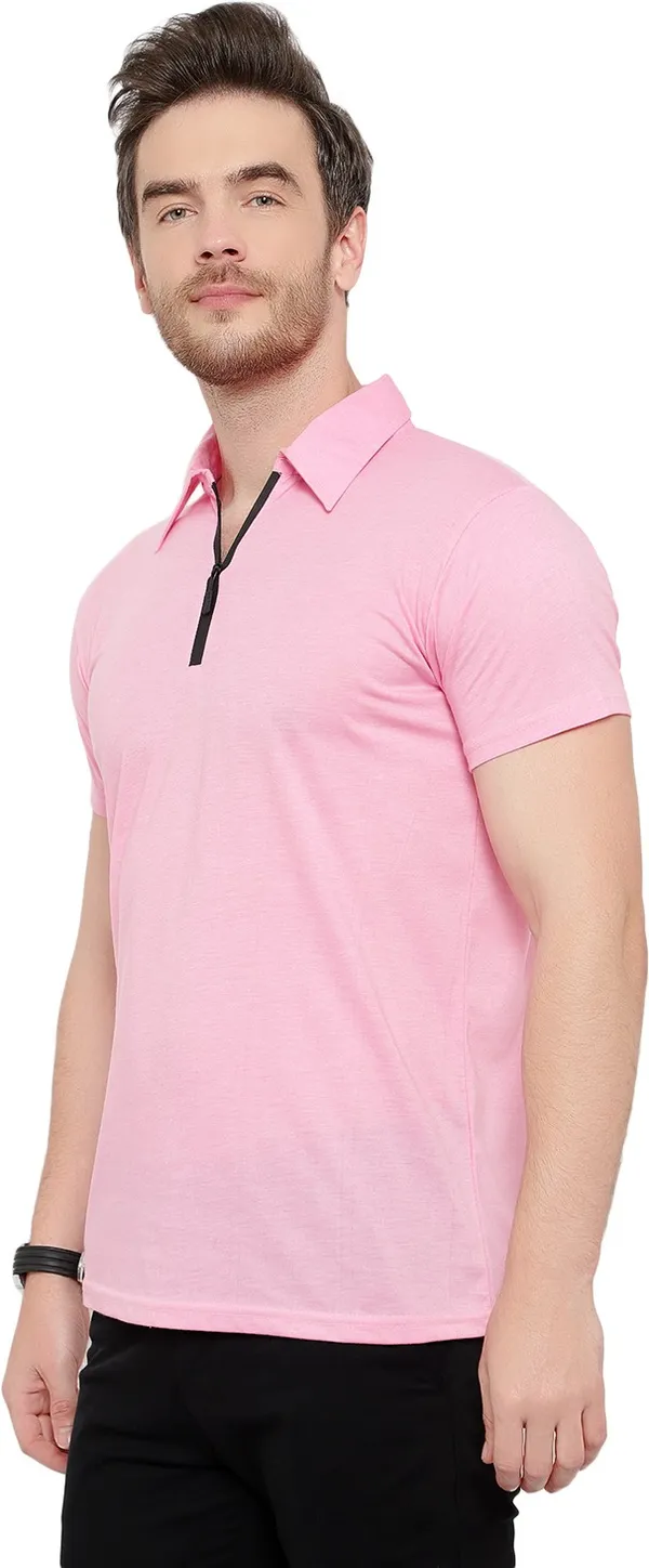 Pink_Cotton_Solid_Polo_Neck_Regukar_Fit_T-Shirt_For_Men