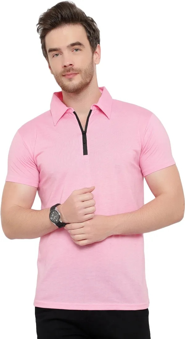 Pink_Cotton_Solid_Polo_Neck_Regukar_Fit_T-Shirt_For_Men
