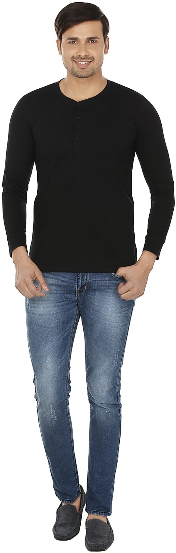 Black_Cotton_Solid_Henley_Neck_Regukar_Fit_T-Shirt_For_Men