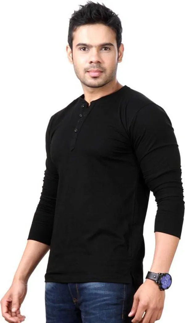 Black_Cotton_Solid_Henley_Neck_Regukar_Fit_T-Shirt_For_Men