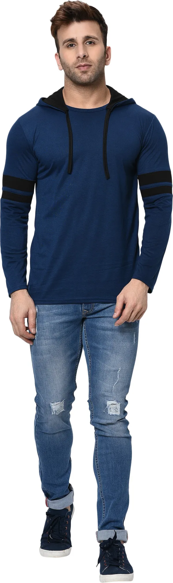 Blue_&_Black_Printed_Hooded_Neck_Regukar_Fit_T-Shirt_For_Men