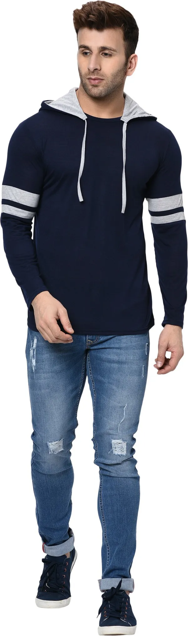 Dark_Blue_&_Grey_Printed_Hooded_Neck_Regukar_Fit_T-Shirt_For_Men