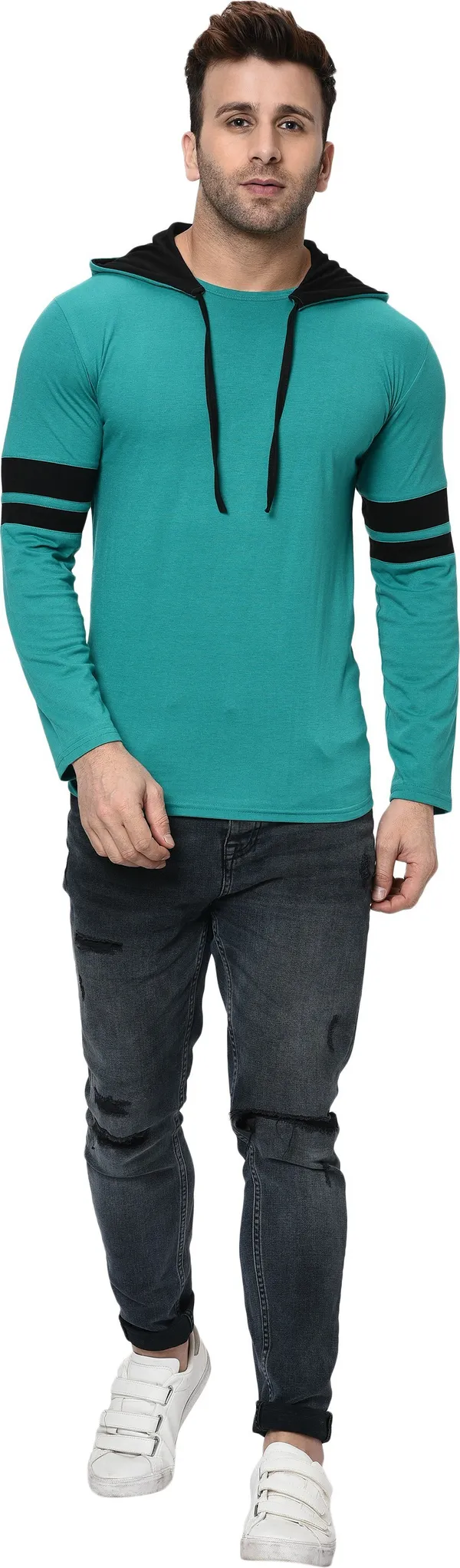 Black_&_Light_Green_Printed_Hooded_Neck_Regukar_Fit_T-Shirt_For_Men