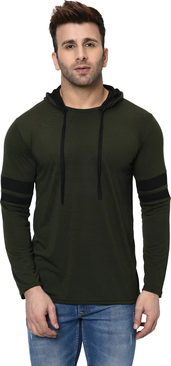 Dark_Green_&_Black_Cotton_Solid_Hooded_Neck_Regukar_Fit_T-Shirt_For_Men