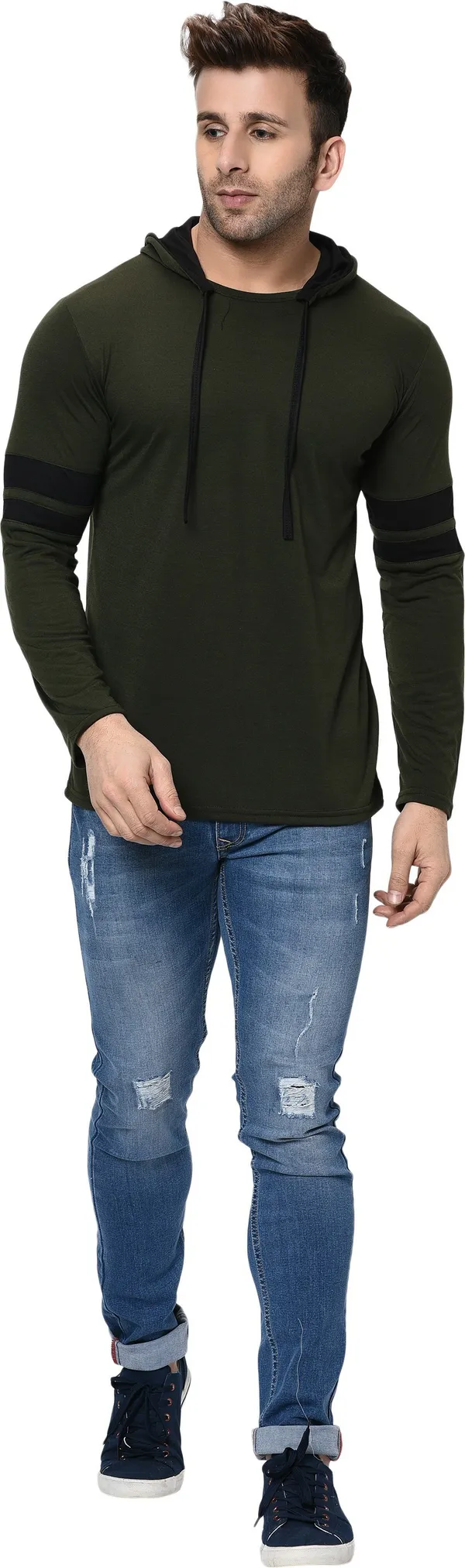 Dark_Green_&_Black_Cotton_Solid_Hooded_Neck_Regukar_Fit_T-Shirt_For_Men