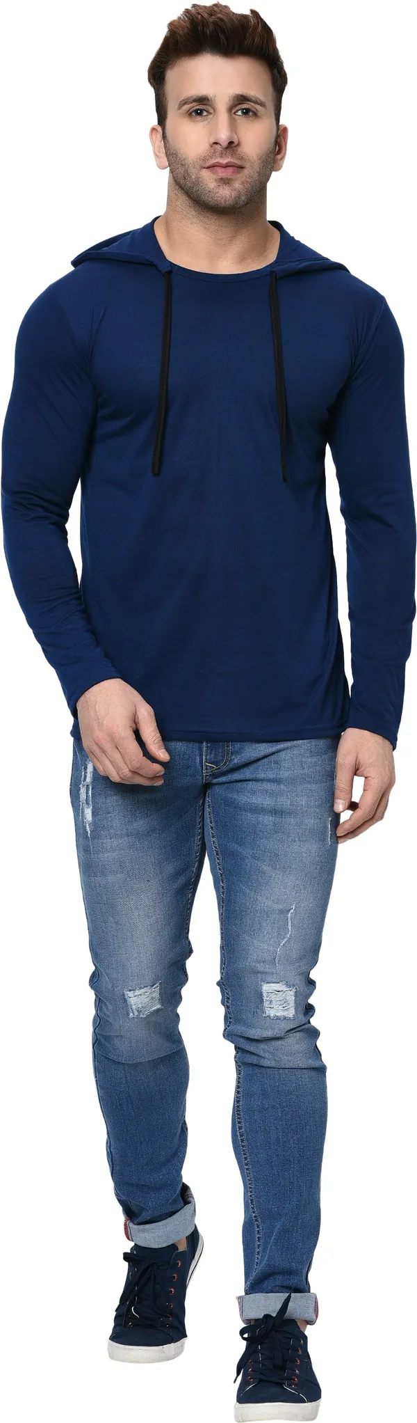 Dark_Blue_Cotton_Solid_Hooded_Neck_Regukar_Fit_T-Shirt_For_Men