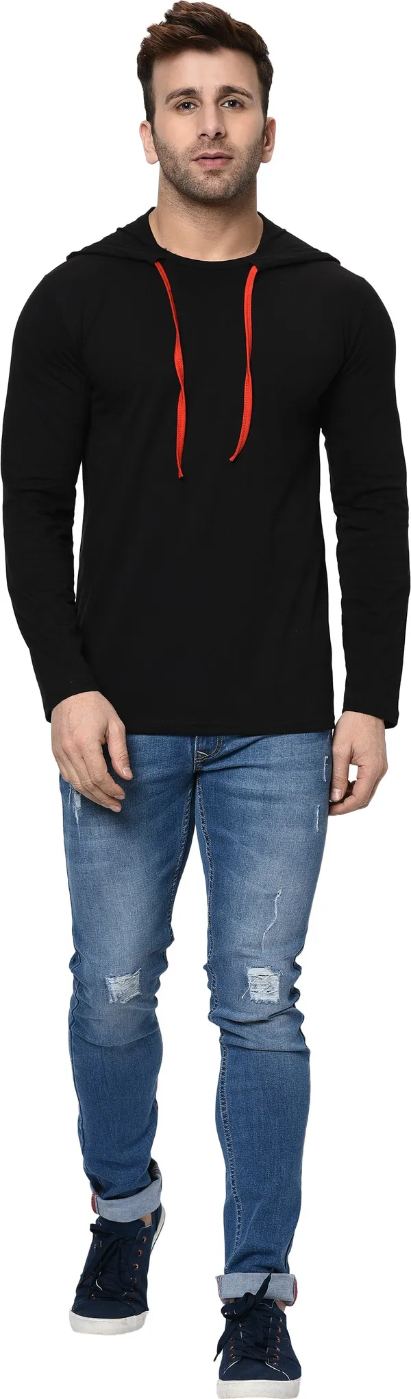 Black_Cotton_Solid_Hooded_Neck_Regukar_Fit_T-Shirt_For_Men