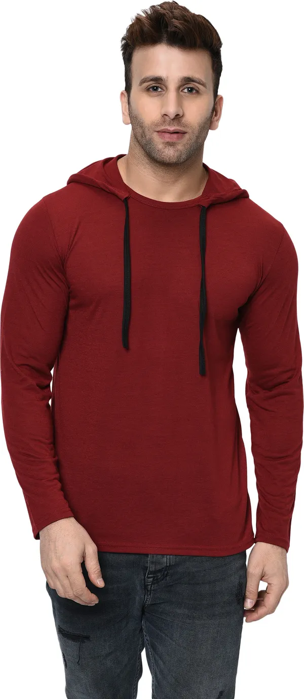 Maroon_Cotton_Solid_Hooded_Neck_Regukar_Fit_T-Shirt_For_Men