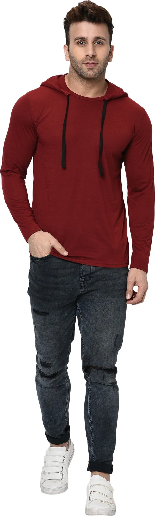 Maroon_Cotton_Solid_Hooded_Neck_Regukar_Fit_T-Shirt_For_Men