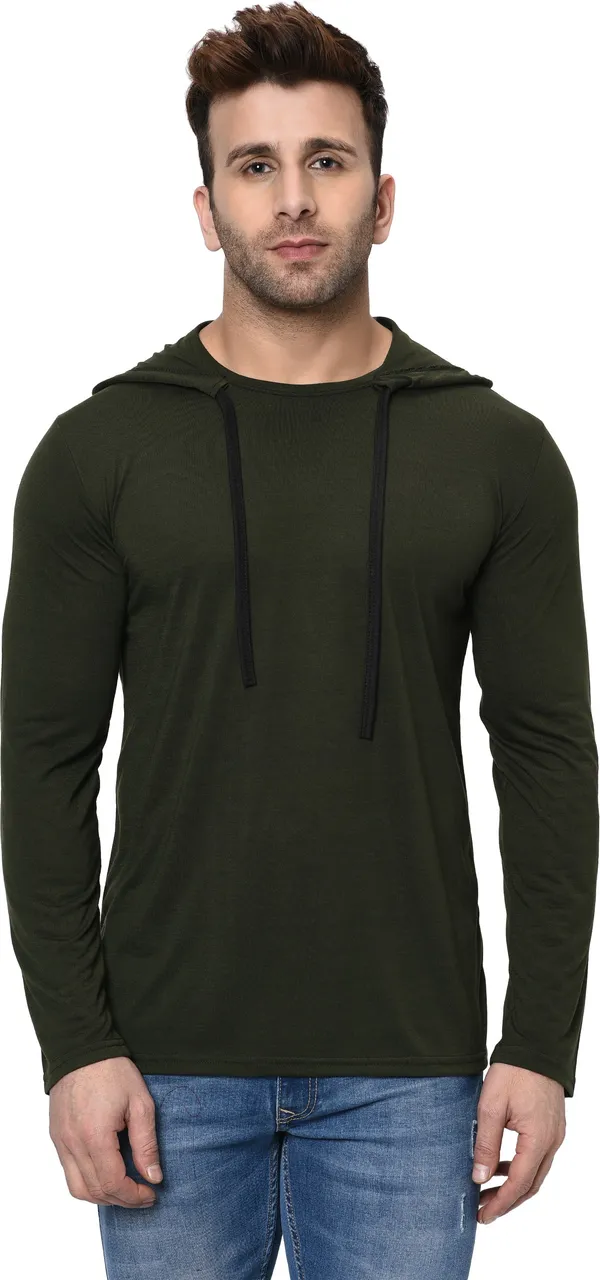 Dark_Green_Cotton_Solid_Hooded_Neck_Regukar_Fit_T-Shirt_For_Men