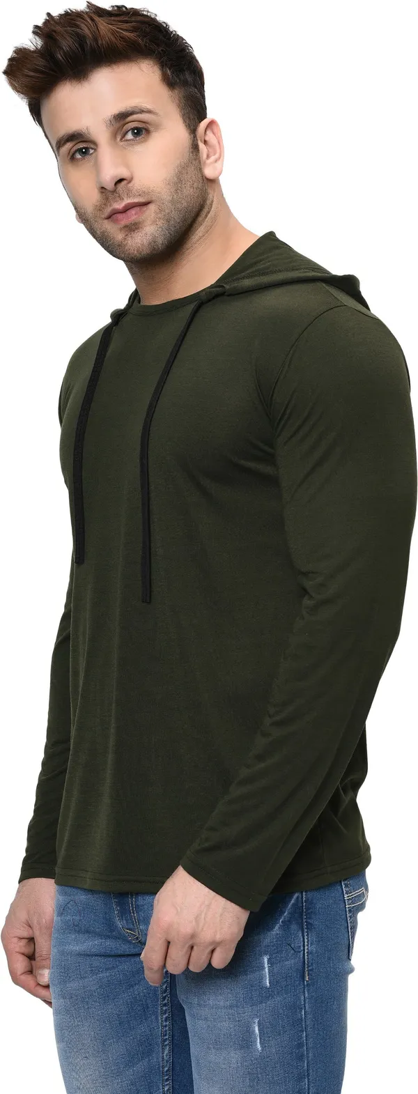 Dark_Green_Cotton_Solid_Hooded_Neck_Regukar_Fit_T-Shirt_For_Men
