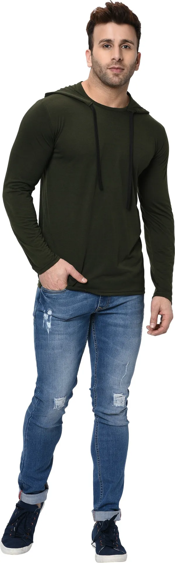 Dark_Green_Cotton_Solid_Hooded_Neck_Regukar_Fit_T-Shirt_For_Men