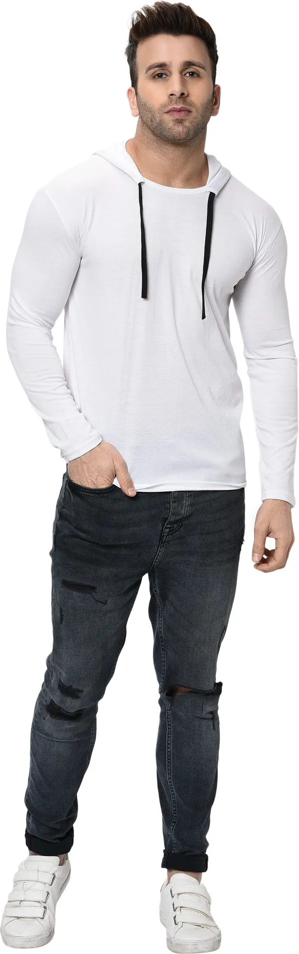 White_Cotton_Solid_Hooded_Neck_Regukar_Fit_T-Shirt_For_Men