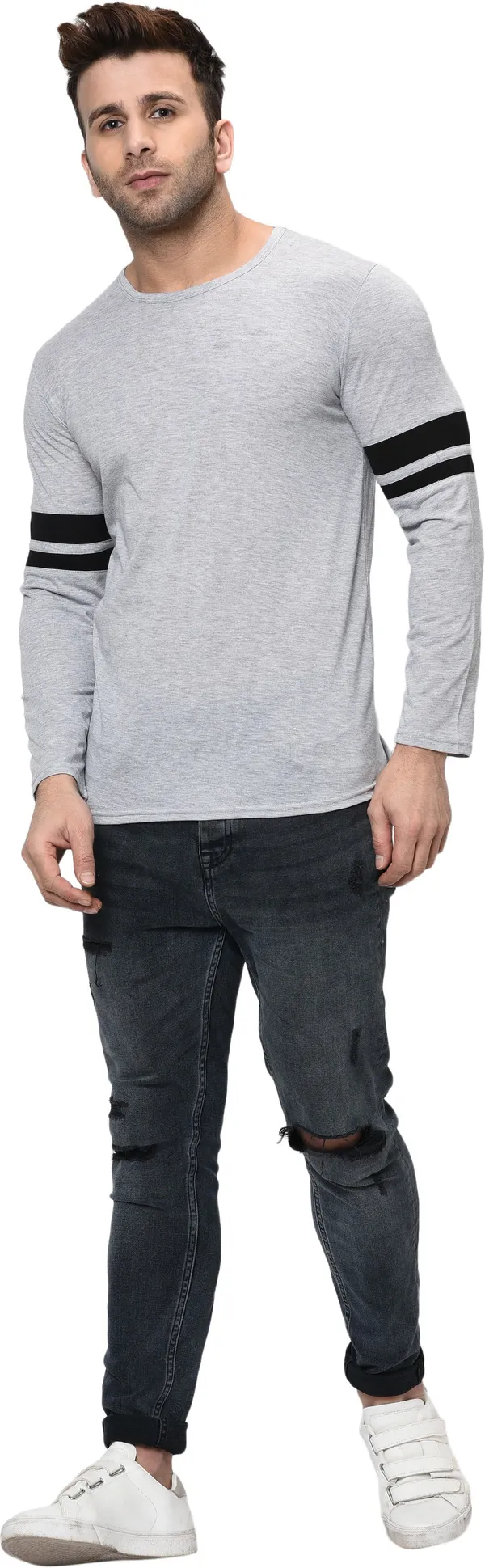 Grey_Striped_Round_Neck_Regukar_Fit_T-Shirt_For_Men