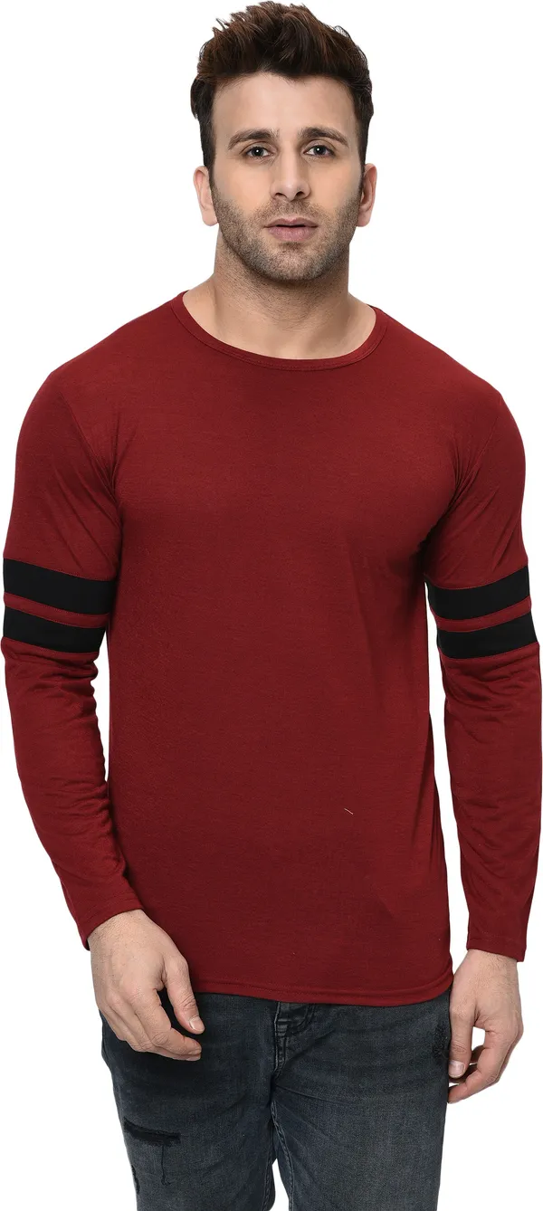Maroon_Striped_Round_Neck_Regukar_Fit_T-Shirt_For_Men