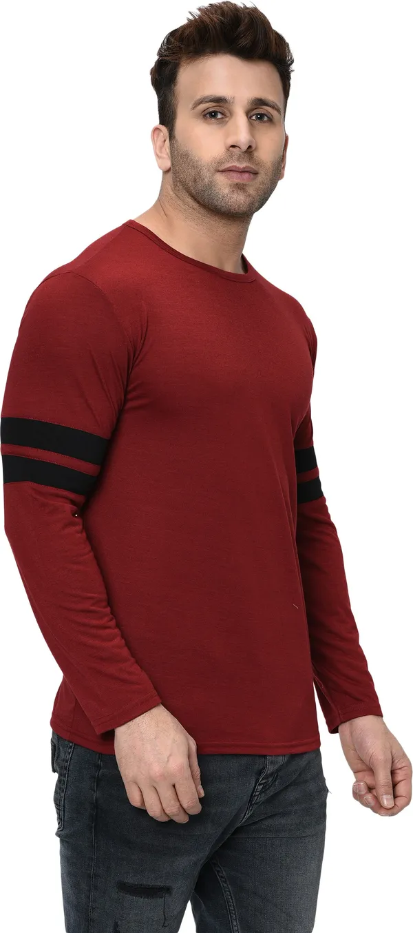 Maroon_Striped_Round_Neck_Regukar_Fit_T-Shirt_For_Men