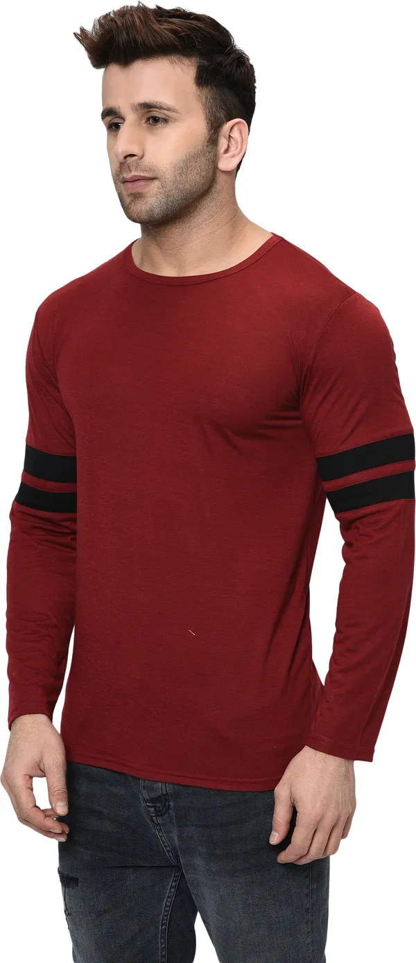 Maroon_Striped_Round_Neck_Regukar_Fit_T-Shirt_For_Men