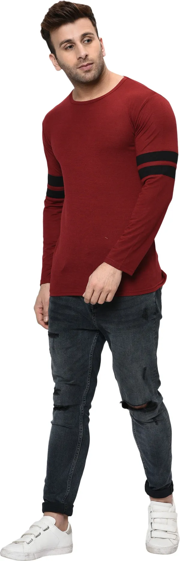 Maroon_Striped_Round_Neck_Regukar_Fit_T-Shirt_For_Men