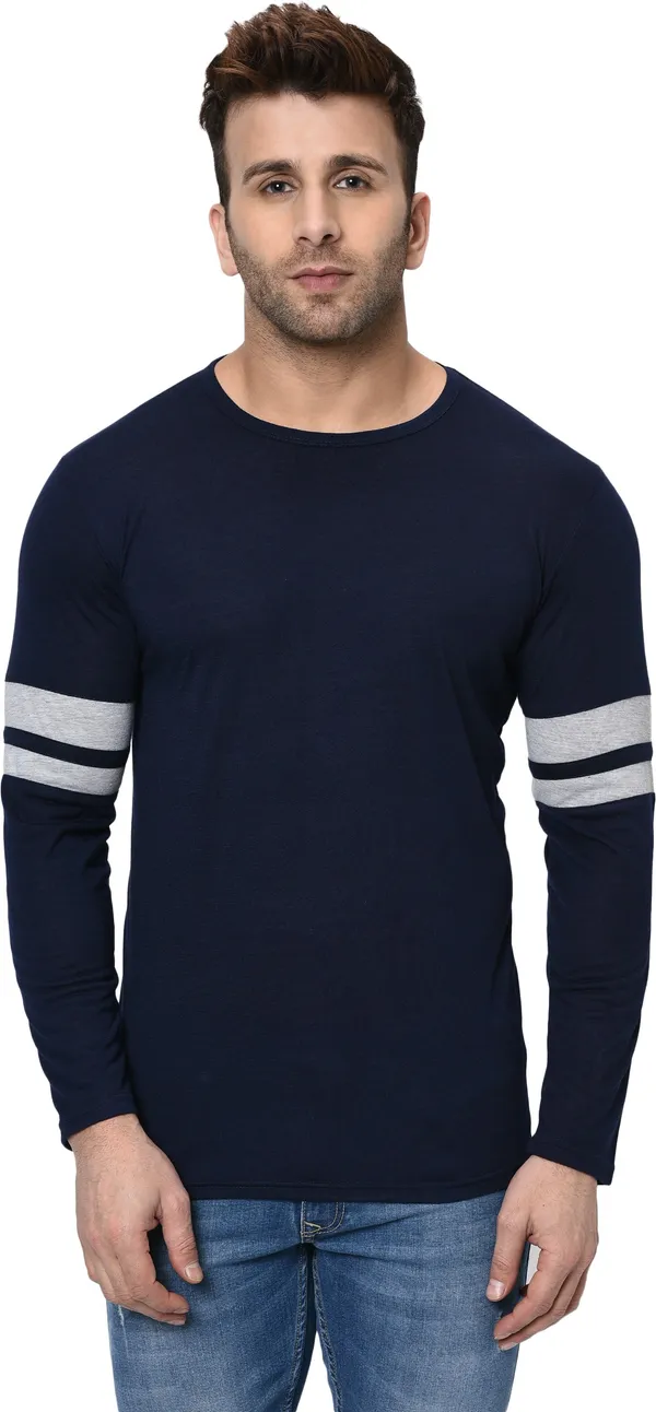 Dark_Blue_Striped_Round_Neck_Regukar_Fit_T-Shirt_For_Men
