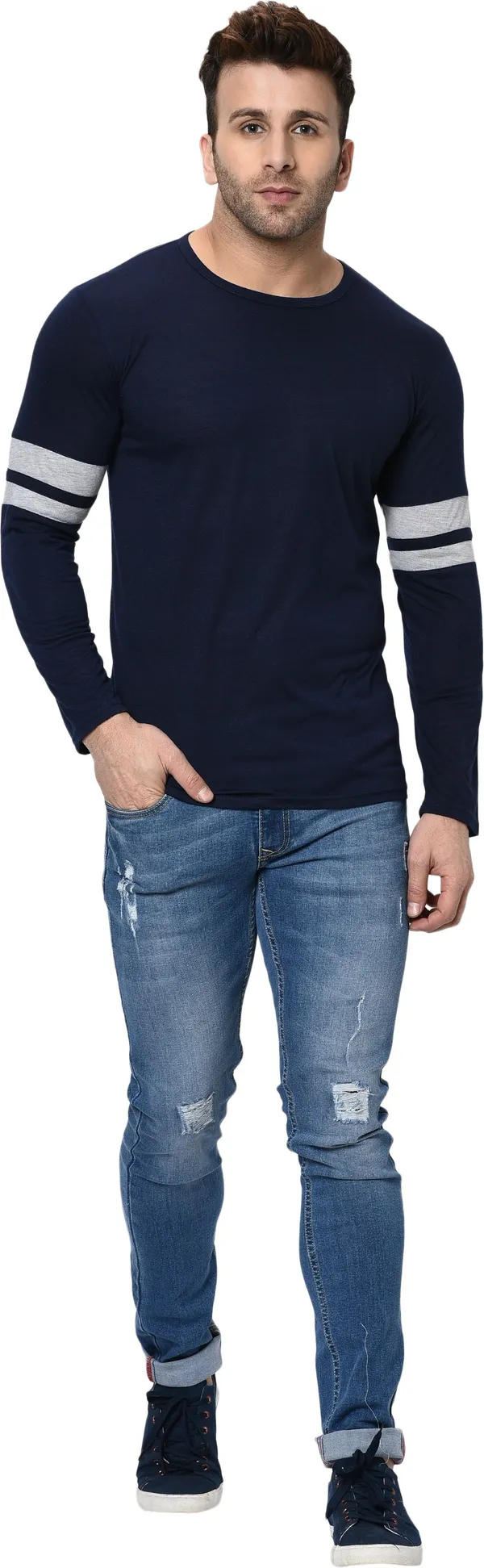 Dark_Blue_Striped_Round_Neck_Regukar_Fit_T-Shirt_For_Men