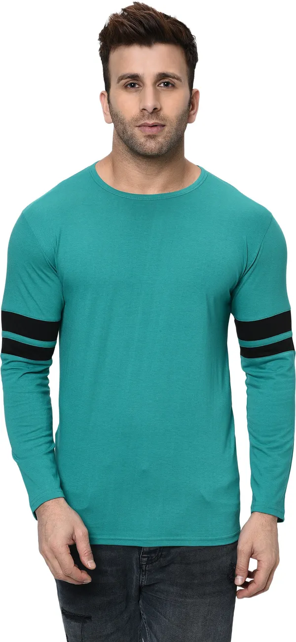 Light_Green_Striped_Round_Neck_Regukar_Fit_T-Shirt_For_Men