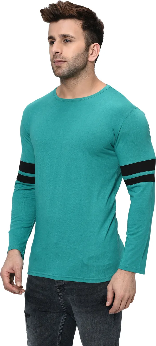 Light_Green_Striped_Round_Neck_Regukar_Fit_T-Shirt_For_Men