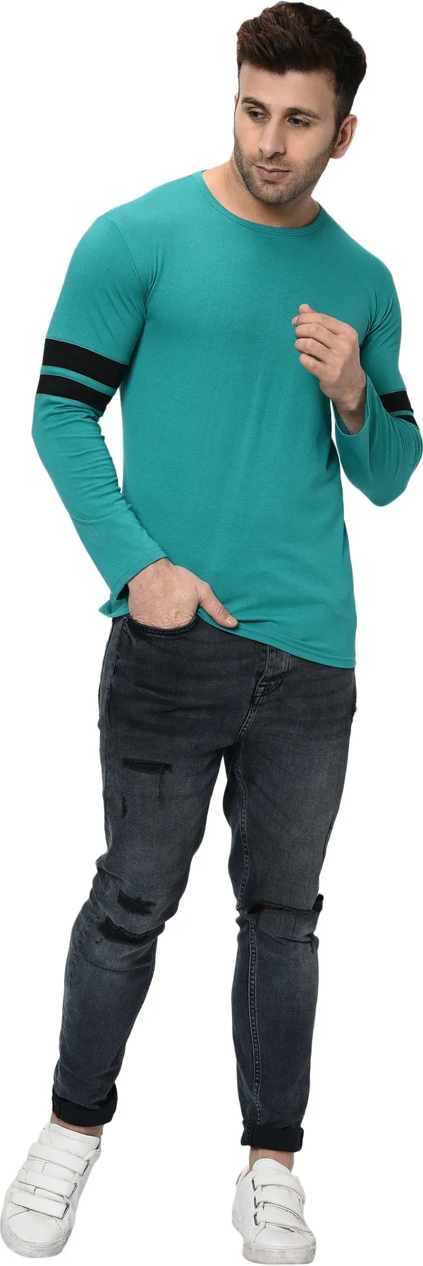 Light_Green_Striped_Round_Neck_Regukar_Fit_T-Shirt_For_Men