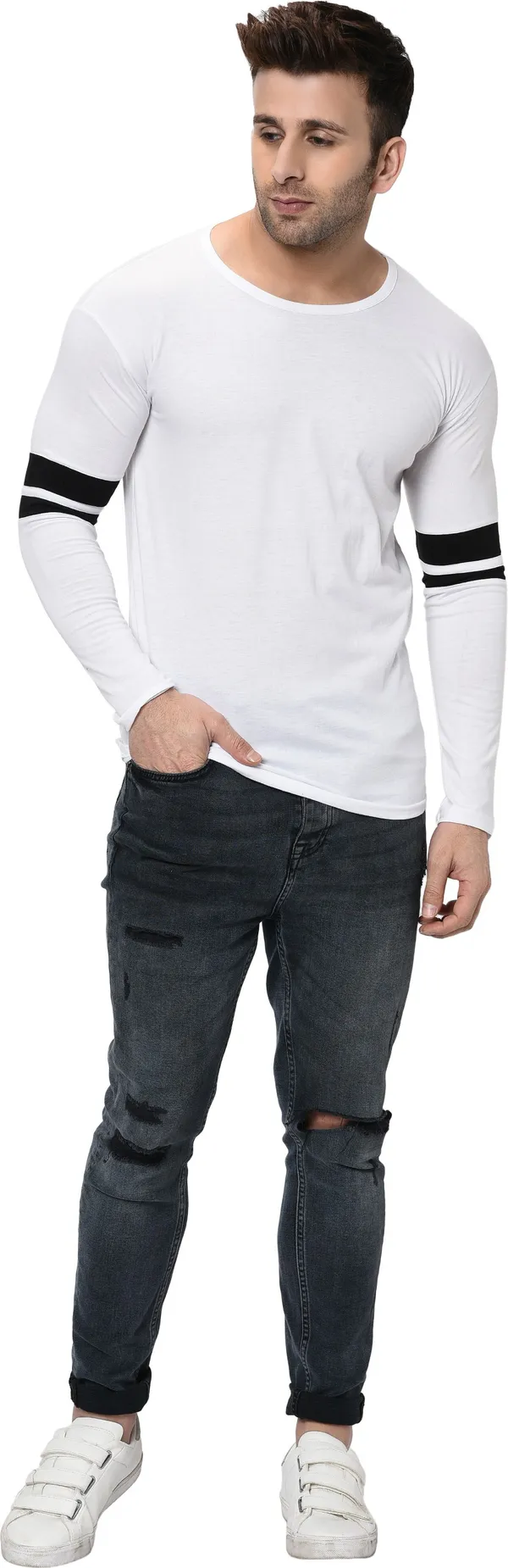 White_Striped_Round_Neck_Regukar_Fit_T-Shirt_For_Men
