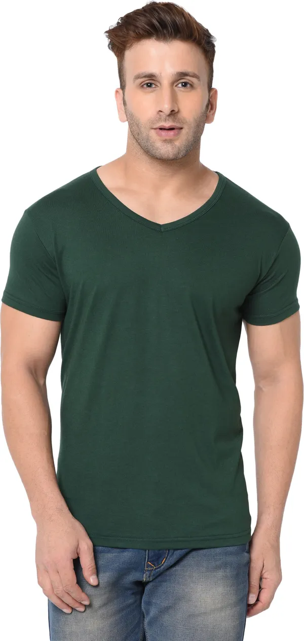 Dark_Green_Cotton_Solid_V_Neck_Regukar_Fit_T-Shirt_For_Men
