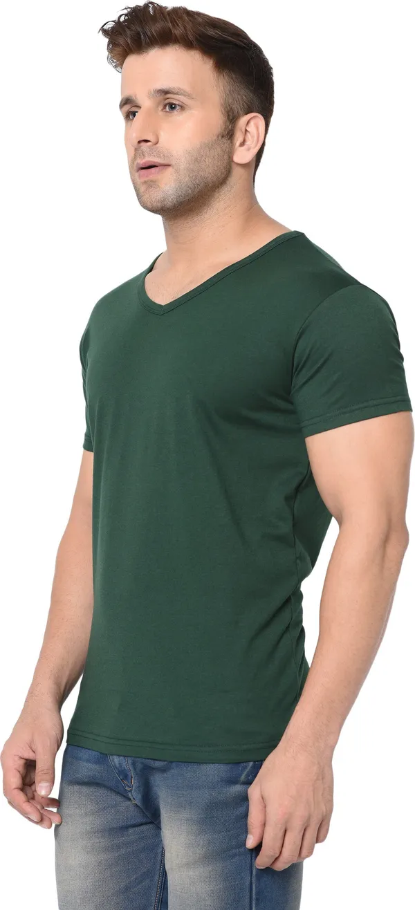 Dark_Green_Cotton_Solid_V_Neck_Regukar_Fit_T-Shirt_For_Men