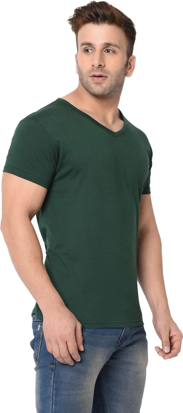 Dark_Green_Cotton_Solid_V_Neck_Regukar_Fit_T-Shirt_For_Men