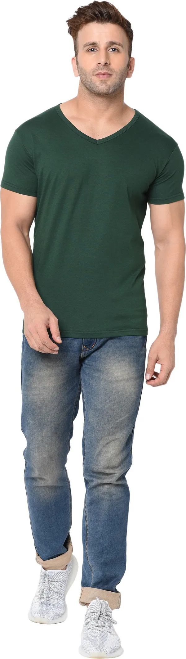 Dark_Green_Cotton_Solid_V_Neck_Regukar_Fit_T-Shirt_For_Men