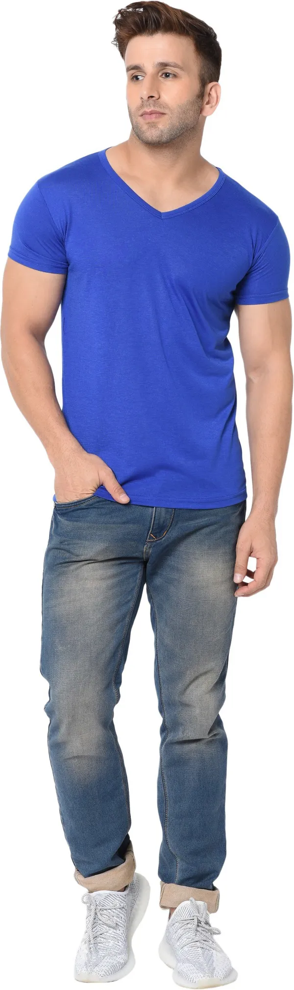 Blue_Cotton_Solid_V_Neck_Regukar_Fit_T-Shirt_For_Men