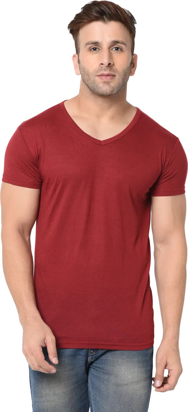 Maroon_Cotton_Solid_V_Neck_Regukar_Fit_T-Shirt_For_Men
