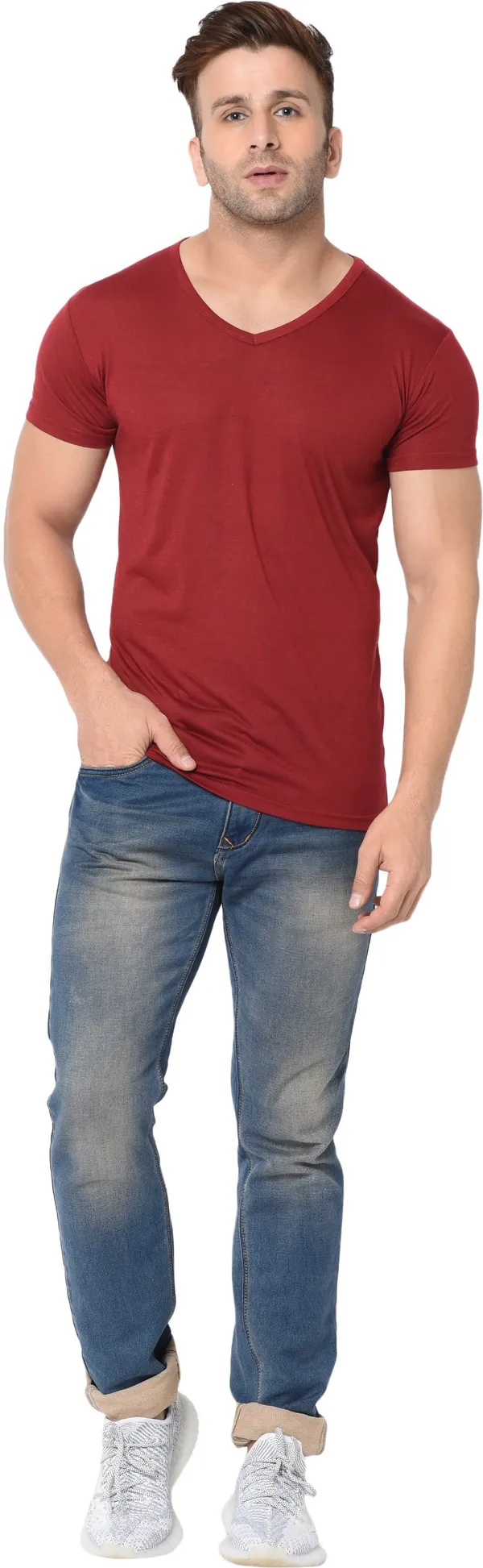 Maroon_Cotton_Solid_V_Neck_Regukar_Fit_T-Shirt_For_Men