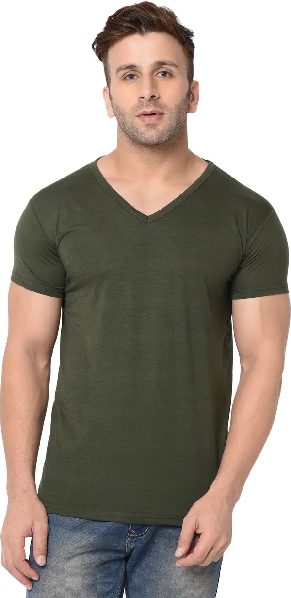 Dark_Green_Cotton_Solid_V_Neck_Regukar_Fit_T-Shirt_For_Men