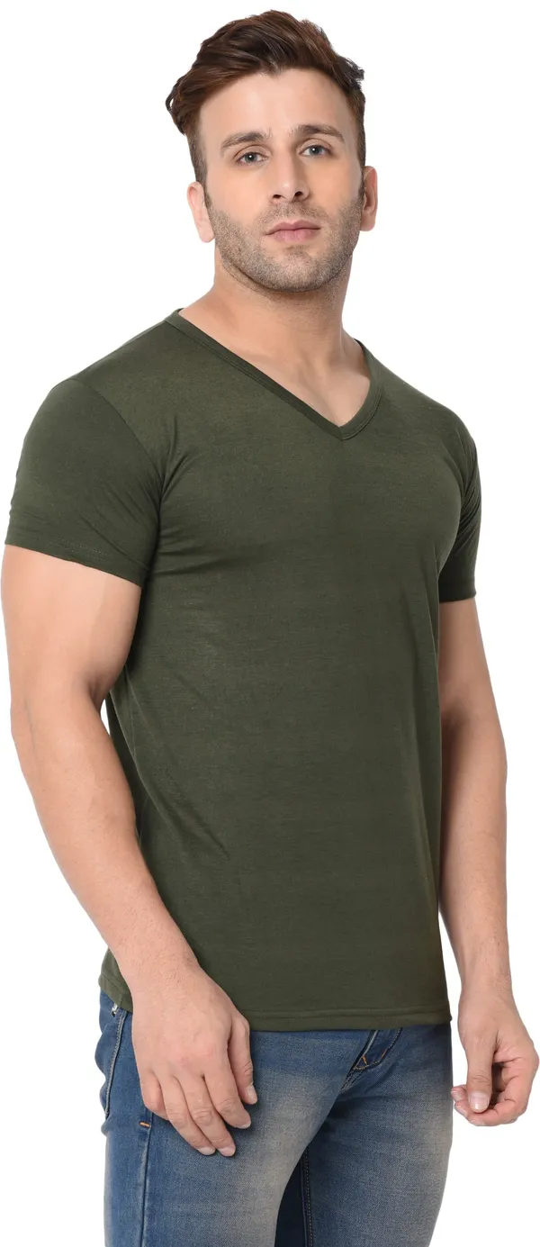 Dark_Green_Cotton_Solid_V_Neck_Regukar_Fit_T-Shirt_For_Men