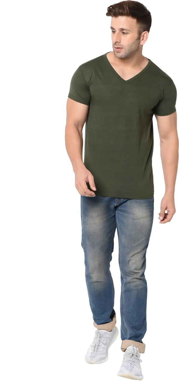 Dark_Green_Cotton_Solid_V_Neck_Regukar_Fit_T-Shirt_For_Men