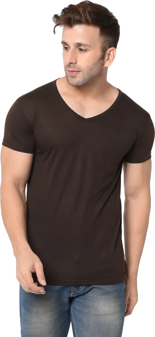 Brown_Cotton_Solid_V_Neck__Regukar_Fit_T-Shirt_For_Men