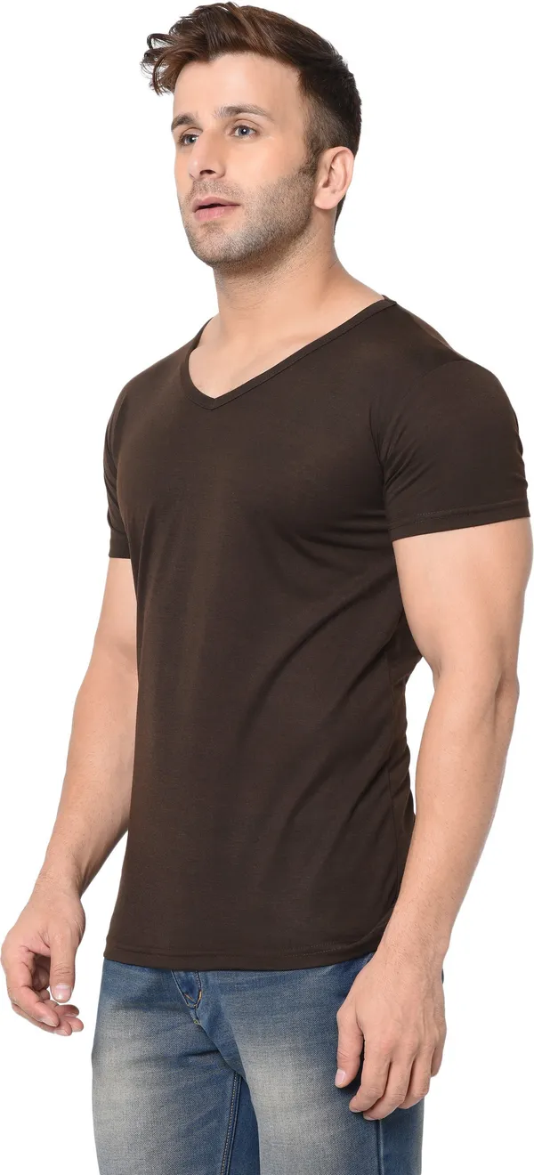 Brown_Cotton_Solid_V_Neck__Regukar_Fit_T-Shirt_For_Men