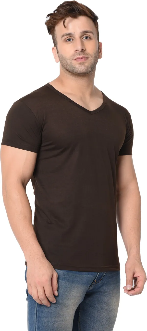 Brown_Cotton_Solid_V_Neck__Regukar_Fit_T-Shirt_For_Men