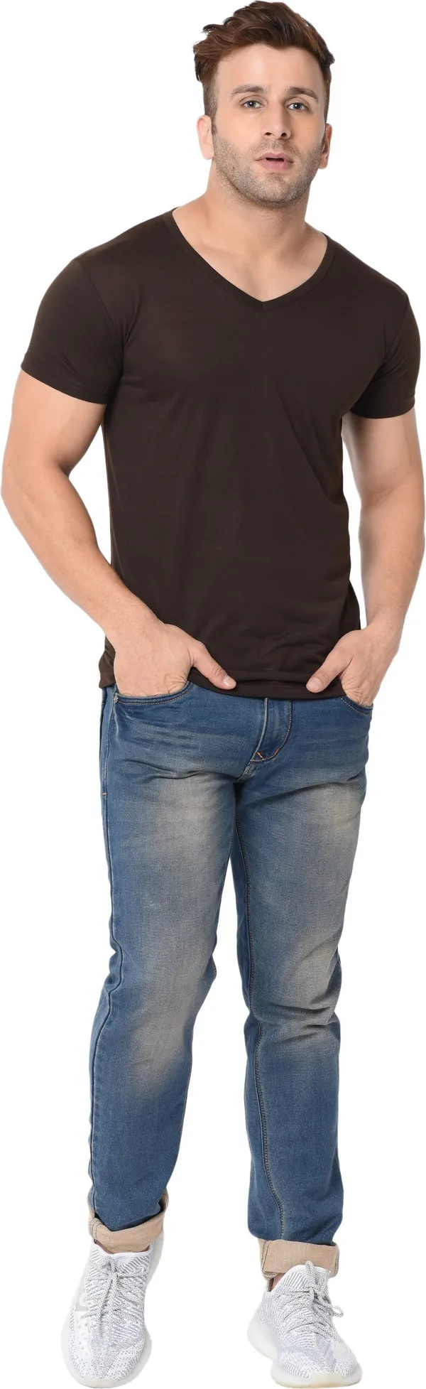 Brown_Cotton_Solid_V_Neck__Regukar_Fit_T-Shirt_For_Men
